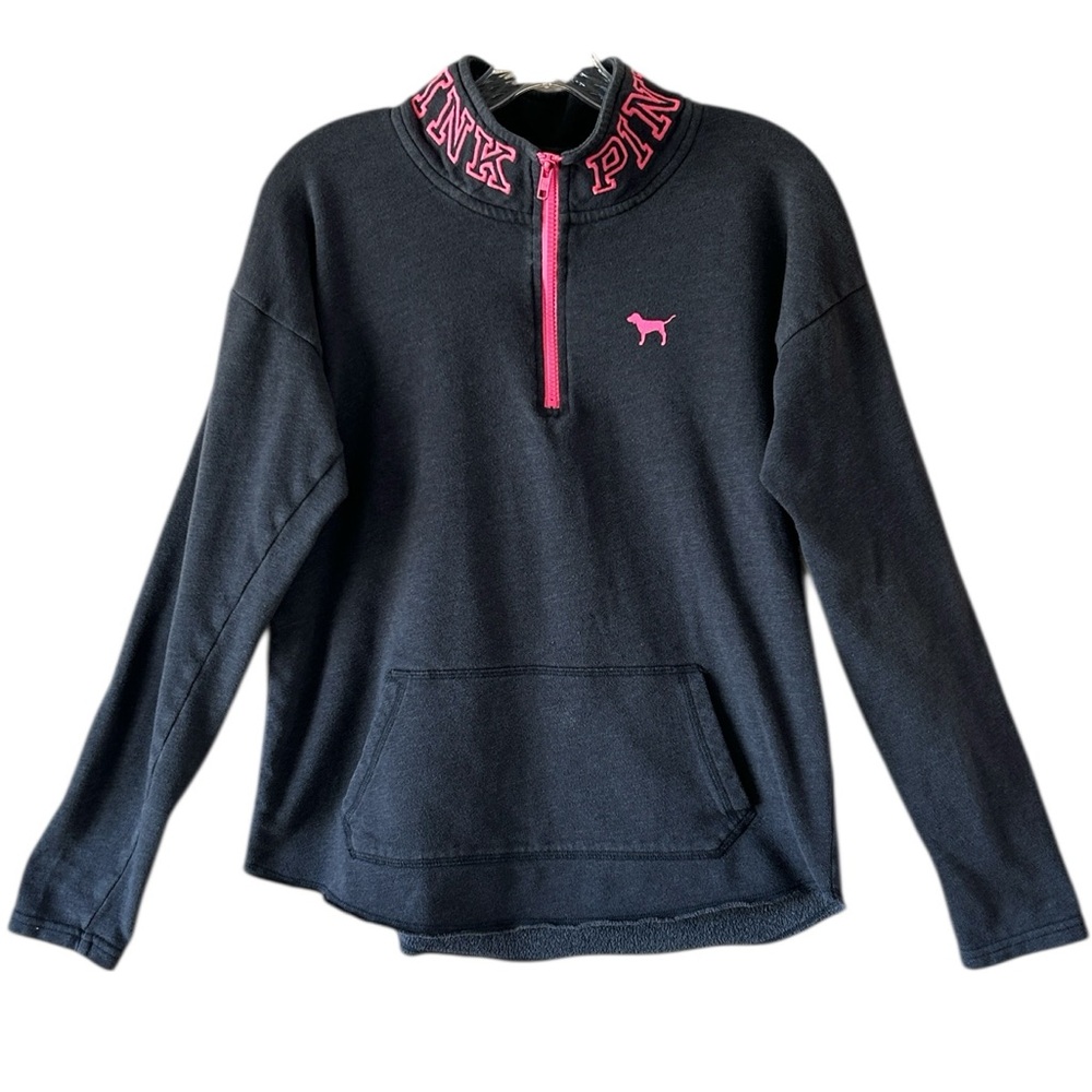 PINK Victoria's Secret Black Half-Zip Pullover with Hot Pink Accents